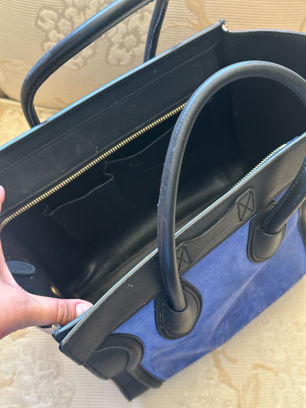 Celine Blue Suede Luggage Tote with Black Trim and Beige Sides - Picture 6 of 8